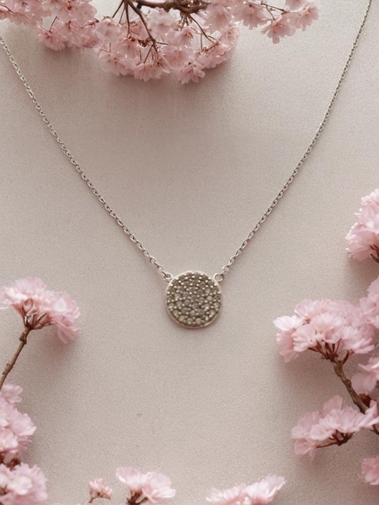 925 Sterling Silver Jewelry - Delicate Sterling Silver and Crystal Disc Necklace 18” inches long